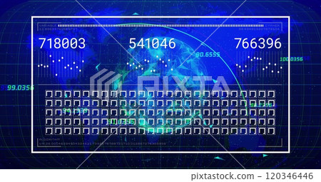 Image of globe and world map over data processing on black background 120346446