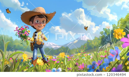 A cowboy holds a flower, showcasing the gentle and thoughtful side of the rugged lifestyle. Represents the harmony between strength and sensitivity in cowboy culture. 120346494