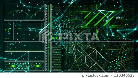Image of digital data processing and network of connections over black background 120346522