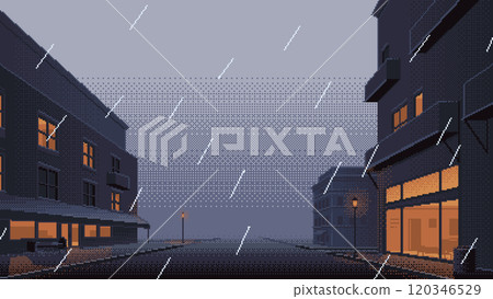 Rainy weather on suburban street road pixel art background. Vector neighborhood landscape illustration with rain and building exterior. 16-bit retro video-game style. 120346529