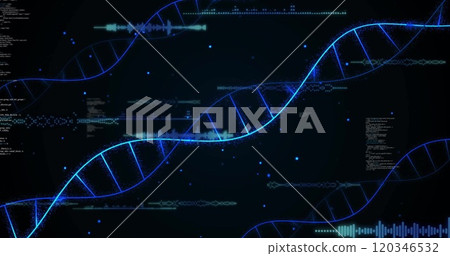 Image of digital data processing and dna strands on black background 120346532