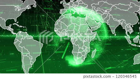 Image of digital data processing and globe over world map on green background Image of digital data processing and globe over world map on green background 120346545