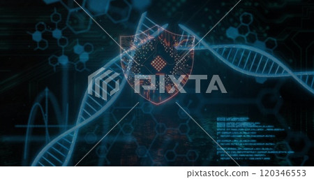 Image of scientific data processing over dna strands on dark background Image of scientific data processing over dna strands on dark background 120346553