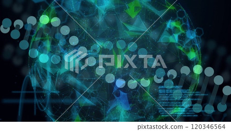 Image of scientific data processing over globe and dna strand on dark background 120346564