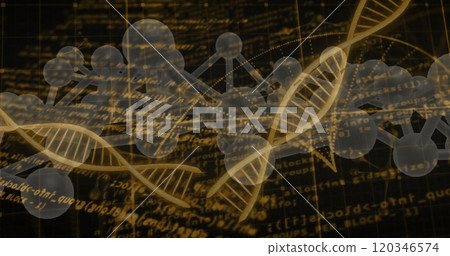Image of scientific data processing over dna strands on dark background 120346574