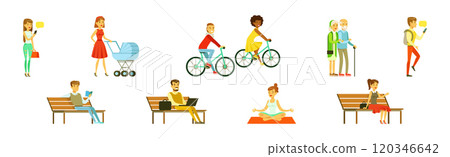 People Walking and Strolling Along Park Relaxing at Weekend Vector Set People Walking and Strolling Along Park Relaxing at Weekend Vector Set 120346642