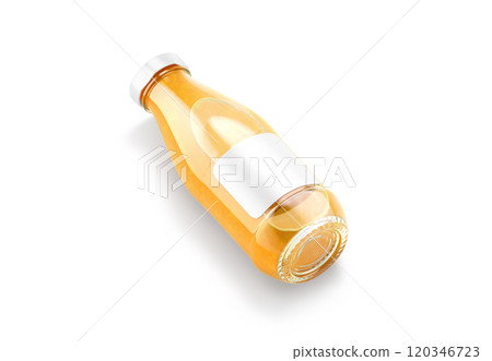 Blank transparent glass orange juice bottle with white label mockup 120346723