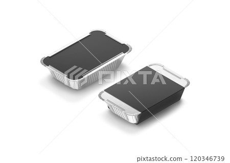 Blank aluminium foil container with black paper label mockup, isolated Blank aluminium foil container with black paper label mockup, isolated 120346739