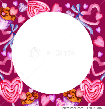 round white frame of valentine day with different hearts, candy, sweets, ribbons and muffins, watercolor hand draw illustration on purple background, pink and lilac color frame for party decoration 120346802