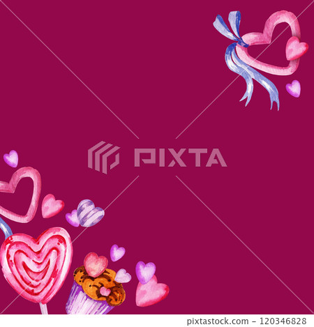 Watercolor square frame of valentine day theme with heart, candy, sweets and muffins on purple background, hand draw illustration, pink and lilac template foe party decoration Watercolor square frame of valentine day theme with heart, candy, sweets and muffins on purple background, hand draw illustration, pink and lilac template foe party decoration 120346828