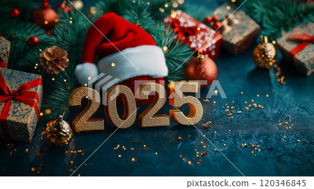 Happy new year 2025. Christmas and new year greeting card or banner with golden number 2025, santa hat and christmas decoration 120346845