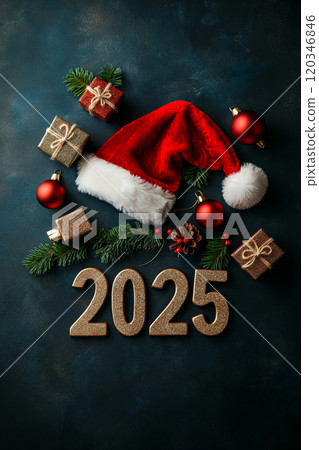 Happy new year 2025. Christmas and new year greeting card or banner with golden number 2025, santa hat and christmas decoration 120346846