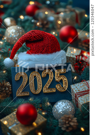 Happy new year 2025. Christmas and new year greeting card or banner with golden number 2025, santa hat and christmas decoration 120346847