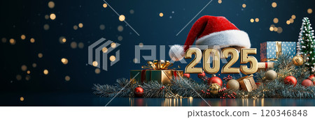 Happy new year 2025. Christmas and new year greeting card or banner with golden number 2025, santa hat and christmas decoration Happy new year 2025. Christmas and new year greeting card or banner with golden number 2025, santa hat and christmas decoration 120346848