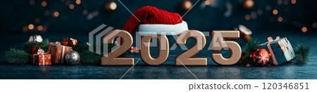 Happy new year 2025. Christmas and new year greeting card or banner with golden number 2025, santa hat and christmas decoration 120346851