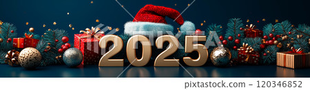 Happy new year 2025. Christmas and new year greeting card or banner with golden number 2025, santa hat and christmas decoration Happy new year 2025. Christmas and new year greeting card or banner with golden number 2025, santa hat and christmas decoration 120346852