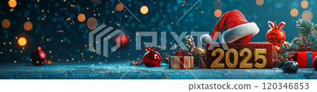 Happy new year 2025. Christmas and new year greeting card or banner with golden number 2025, santa hat and christmas decoration Happy new year 2025. Christmas and new year greeting card or banner with golden number 2025, santa hat and christmas decoration 120346853