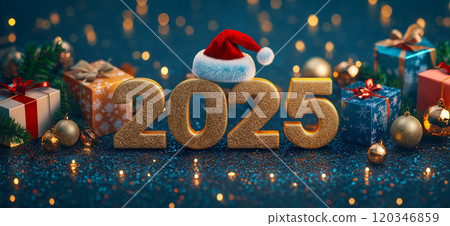 Happy new year 2025. Christmas and new year greeting card or banner with golden number 2025, santa hat and christmas decoration Happy new year 2025. Christmas and new year greeting card or banner with golden number 2025, santa hat and christmas decoration 120346859