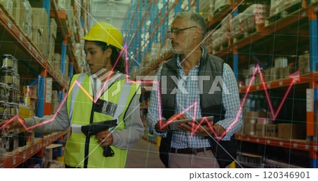 Image of financial data processing and diverse workers in warehouse Image of financial data processing and diverse workers in warehouse 120346901