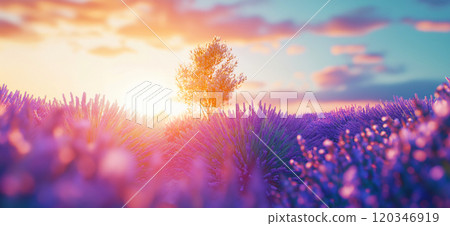 Lavender field in morning sun. Blooming lavender in Provence, France Lavender field in morning sun. Blooming lavender in Provence, France 120346919