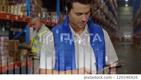 Image of financial data processing and diverse workers in warehouse 120346926