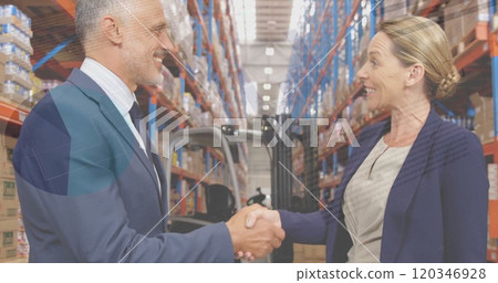 Image of financial data processing and diverse workers in warehouse 120346928