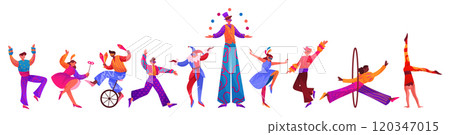 Carnival party. Circus clown, Purim party or parade poster with music and dancers, samba musicians, gymnasts and juggler. Funny characters in costumes. Vector cartoon flat isolated set 120347015