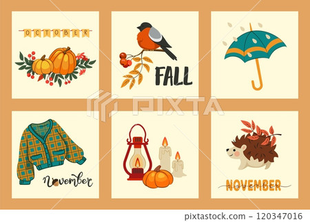 Cute autumn cards. Hello fall season holiday. Pumpkin October harvest. Rain umbrella. November warm knitted sweater. Autumnal leaves. Hedgehog and bullfinch. Vector seasonal banners set Cute autumn cards. Hello fall season holiday. Pumpkin October harvest. Rain umbrella. November warm knitted sweater. Autumnal leaves. Hedgehog and bullfinch. Vector seasonal banners set 120347016