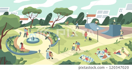 People in park. City walk. Picnic with friends in summer landscape. Person on bicycle. Man playing with dog. Woman stroll. Street outdoor. Kid on skateboard. Vector cartoon cityscape People in park. City walk. Picnic with friends in summer landscape. Person on bicycle. Man playing with dog. Woman stroll. Street outdoor. Kid on skateboard. Vector cartoon cityscape 120347020