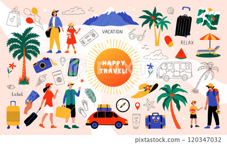 Summer trip. Train or car travel. Happy people vacation. Family tourism. Bus traffic. Woman on nature. Man on beach. Resort hotel. Couple tour. Journey baggage. Vector banner design Summer trip. Train or car travel. Happy people vacation. Family tourism. Bus traffic. Woman on nature. Man on beach. Resort hotel. Couple tour. Journey baggage. Vector banner design 120347032