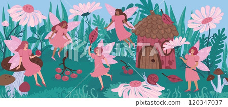 Cute fairy garden. Fantasy fairytale flying girls. Flowers and little home. Meadow leaves. Kids holiday. Elf house. Children celebration card. Happy pixie on mushroom. Vector cartoon scene 120347037