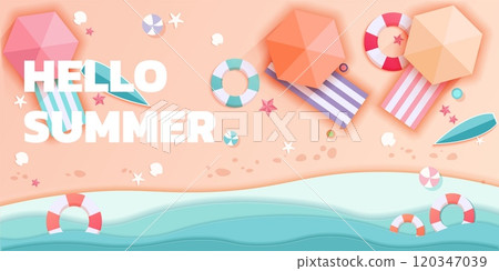 Paper cut beach. Summer vacation holidays with top view of sea, umbrella water and sand, seaside above. Horizontal banner background. Resort travel. Vector summertime landscape elements Paper cut beach. Summer vacation holidays with top view of sea, umbrella water and sand, seaside above. Horizontal banner background. Resort travel. Vector summertime landscape elements 120347039