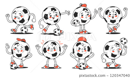 Comic groovy soccer ball funny characters showing various emotion in different pose isolated set Comic groovy soccer ball funny characters showing various emotion in different pose isolated set 120347040