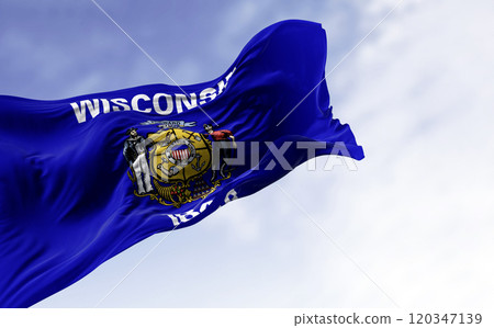 Wisconsin state flag waving in the wind 120347139