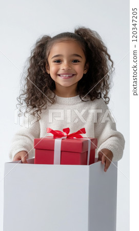 Joyful childhood gift giving - festive portrait of smiling girl with wrapped present 120347205
