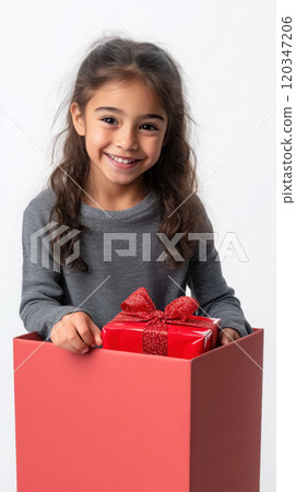 Joyful child holding a red gift box with bow - perfect for holiday celebrations and greeting cards 120347206