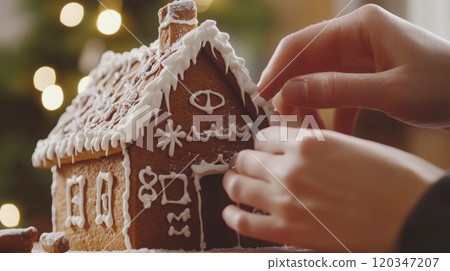 Traditional gingerbread house assembly: a close-up on holiday crafting 120347207