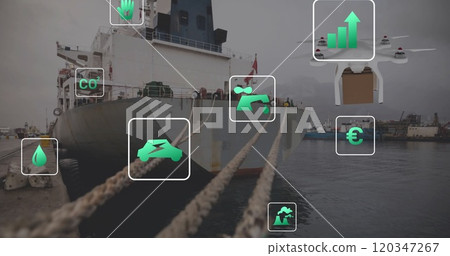 Image of eco icons and data processing over sea port 120347267