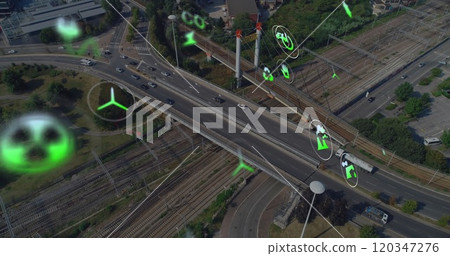 Image of eco icons and data processing over roads Image of eco icons and data processing over roads 120347276