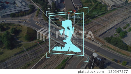 Image of biometric photo and data processing over roads Image of biometric photo and data processing over roads 120347277