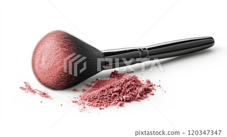 Professional studio shot of angled makeup brush with pink blush powder for cosmetic design 120347347