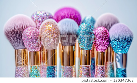 Glittering makeup brush set in vibrant colors for creative cosmetic design 120347362