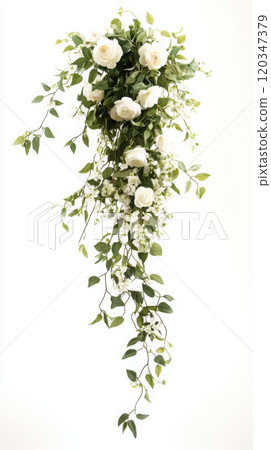 Elegant cascade bridal bouquet with white roses and greenery for wedding design Elegant cascade bridal bouquet with white roses and greenery for wedding design 120347379