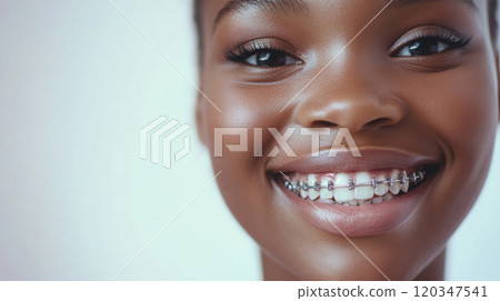 Studio close-up of a smiling model showcasing braces for dental health and beauty 120347541