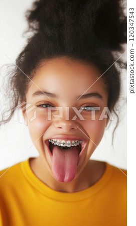 Playful expression of a young model with braces in studio portrait for design 120347543