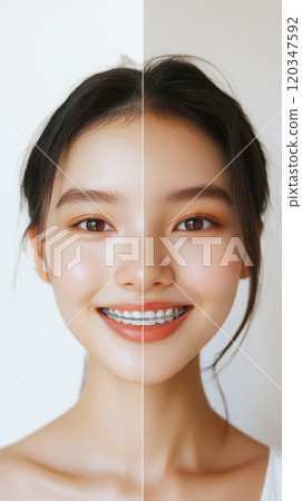 Studio comparison of skincare and makeup effects on model's face 120347592