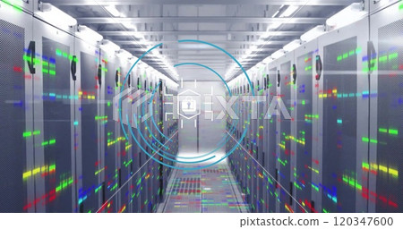 Image of padlock icon and digital data processing over computer servers 120347600