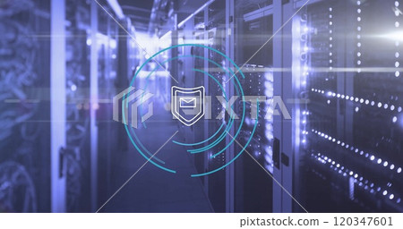 Image of shield icon and digital data processing over computer servers Image of shield icon and digital data processing over computer servers 120347601