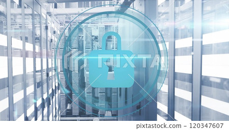 Image of padlock icon and digital data processing over computer servers 120347607