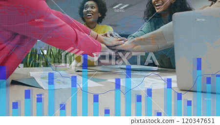 Image of data processing over diverse male and female colleagues hand stacking at casual meeting 120347651